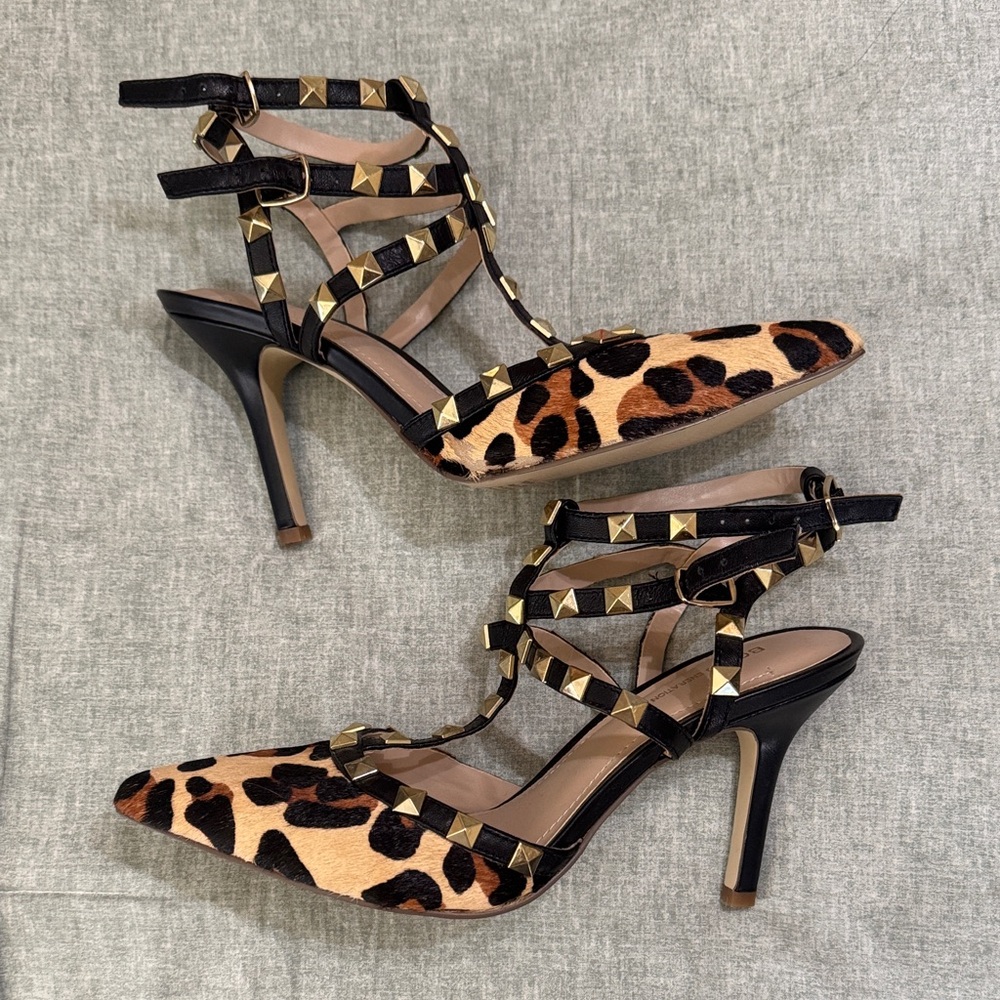 BCBGeneration Leopard and Black Heels with Gold Accents